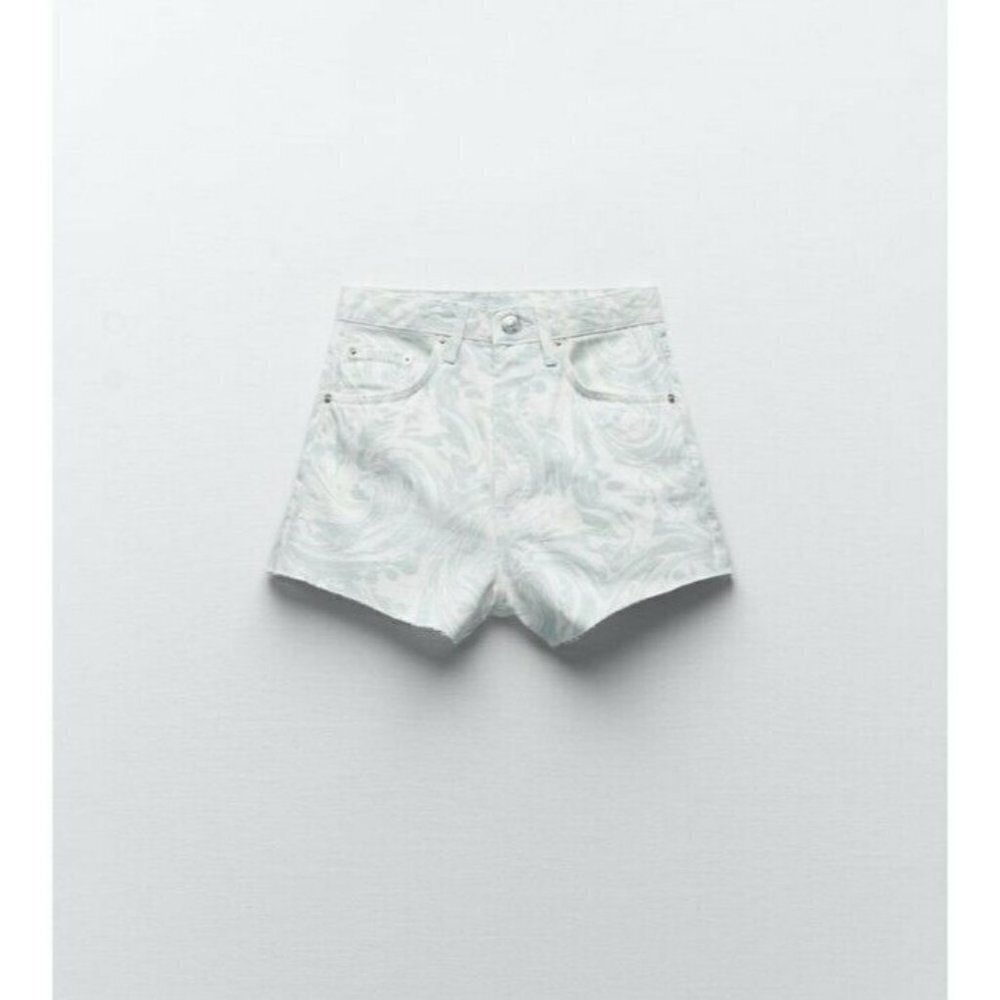 NEW ZARA WOMAN WHITE printed HIGH-WAISTED SHORTS SIDE METAL ZIP Mini Size